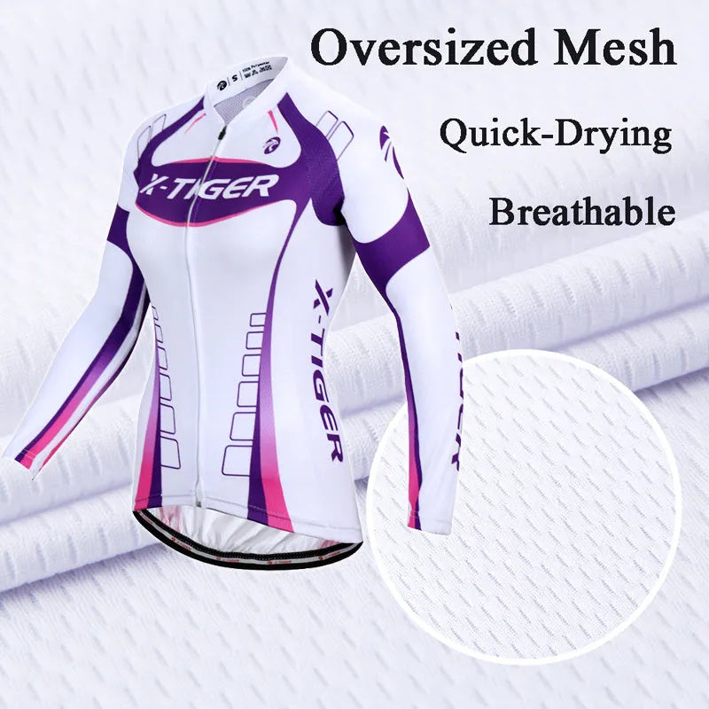 Women's long-sleeved cycling jersey suit in white and purple, full-zip with breathable gel pad