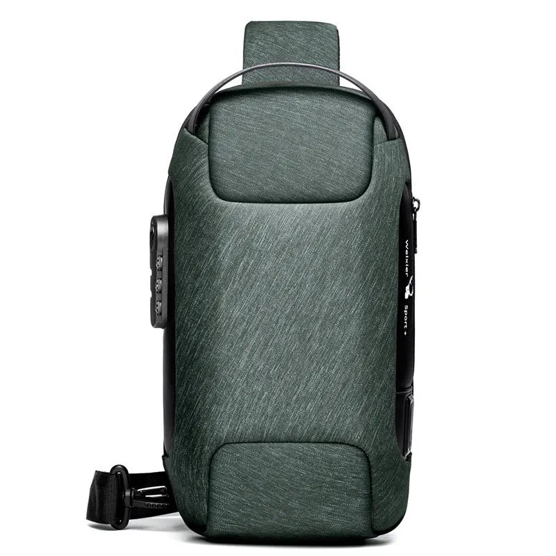 Men's anti-theft chest bag in Oxford cloth with combination lock and USB charging port, medium size, black colour