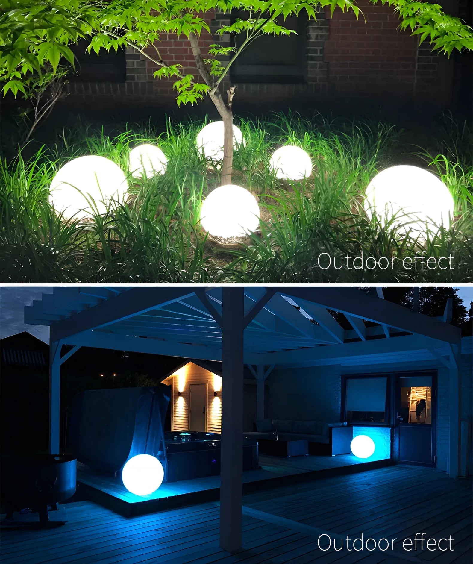 LED spherical garden light with remote control showing multiple colour options