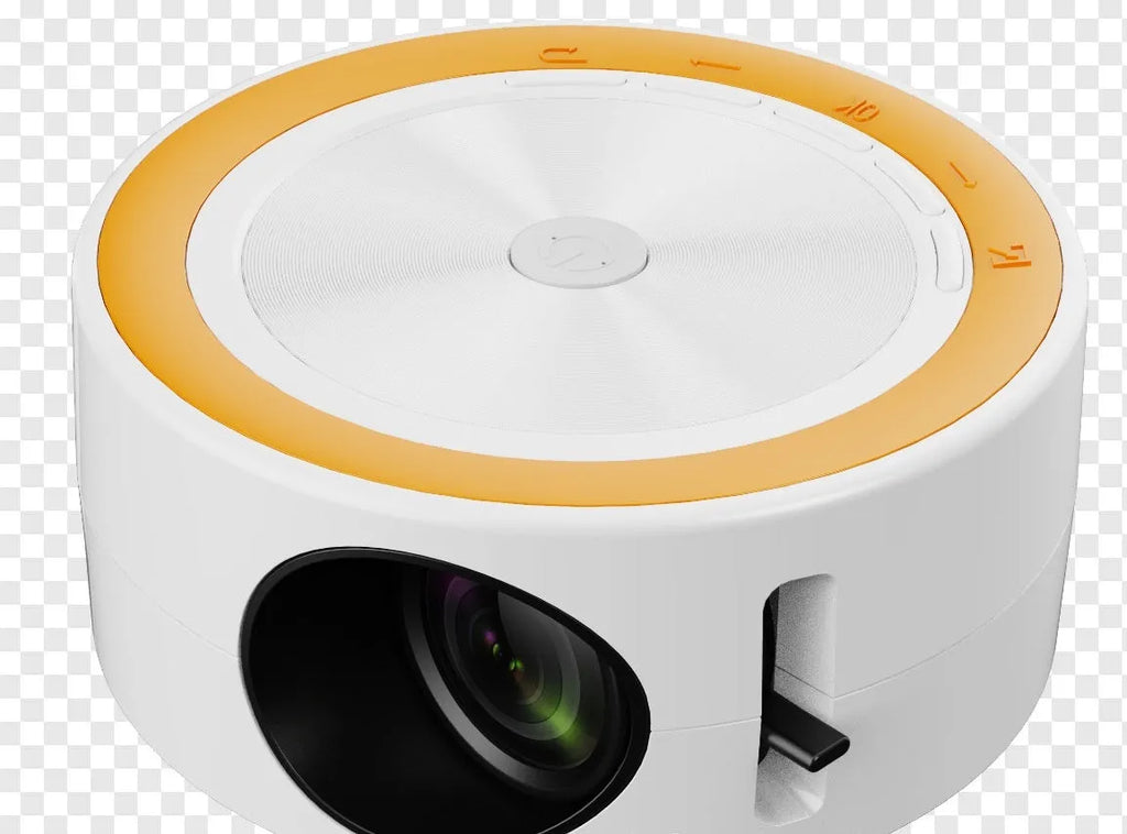 YT200 portable home LED projector with same screen connectivity in black, white, yellow and white, or blue and white colours measuring 110mm x 47mm