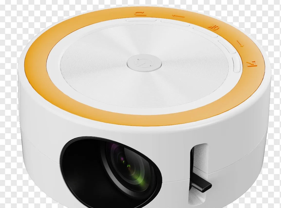 YT200 portable home LED projector with same screen connectivity in black, white, yellow and white, or blue and white colours measuring 110mm x 47mm