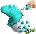 Blue dinosaur-shaped dog chew toy with a rope, showing textured nubs on its surface.