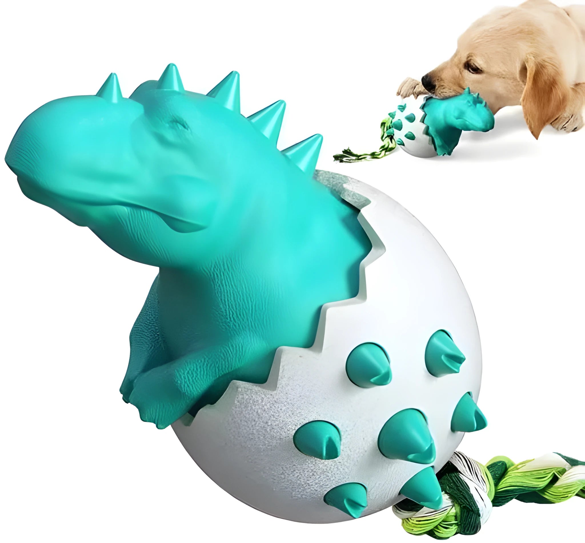 Blue dinosaur-shaped dog chew toy with a rope, showing textured nubs on its surface.