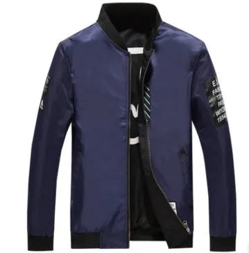 Men's reversible flight jacket in stripe pattern with zipper placket and no collar design