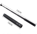 Black retractable aluminium selfie stick with foam grip, shown extended and collapsed.