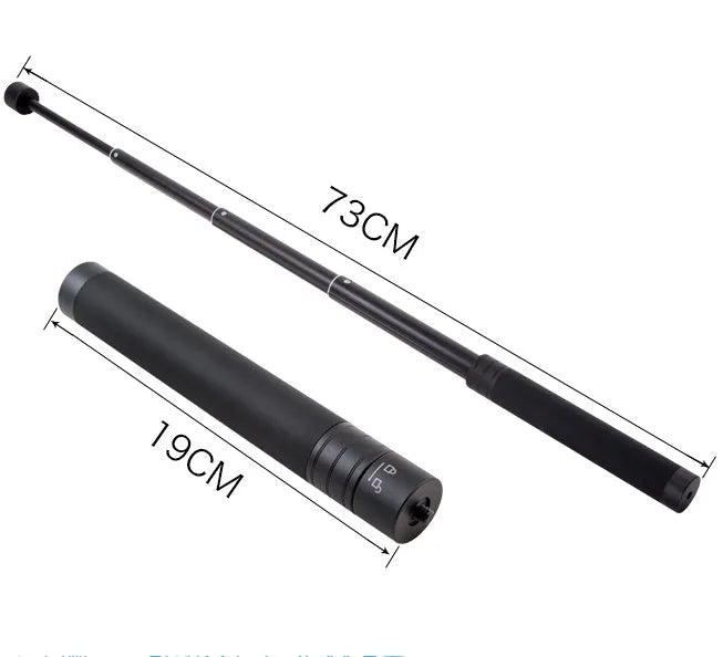 Black retractable aluminium selfie stick with foam grip, shown extended and collapsed.