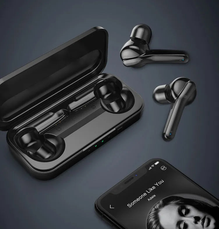 Black plastic TWS wireless earbuds with Bluetooth 5.0 and IPX5 waterproof rating.