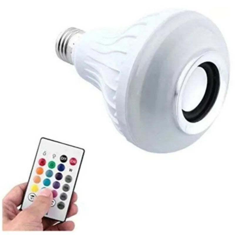 White smart LED bulb with Bluetooth speaker and remote control for colour changing lights.