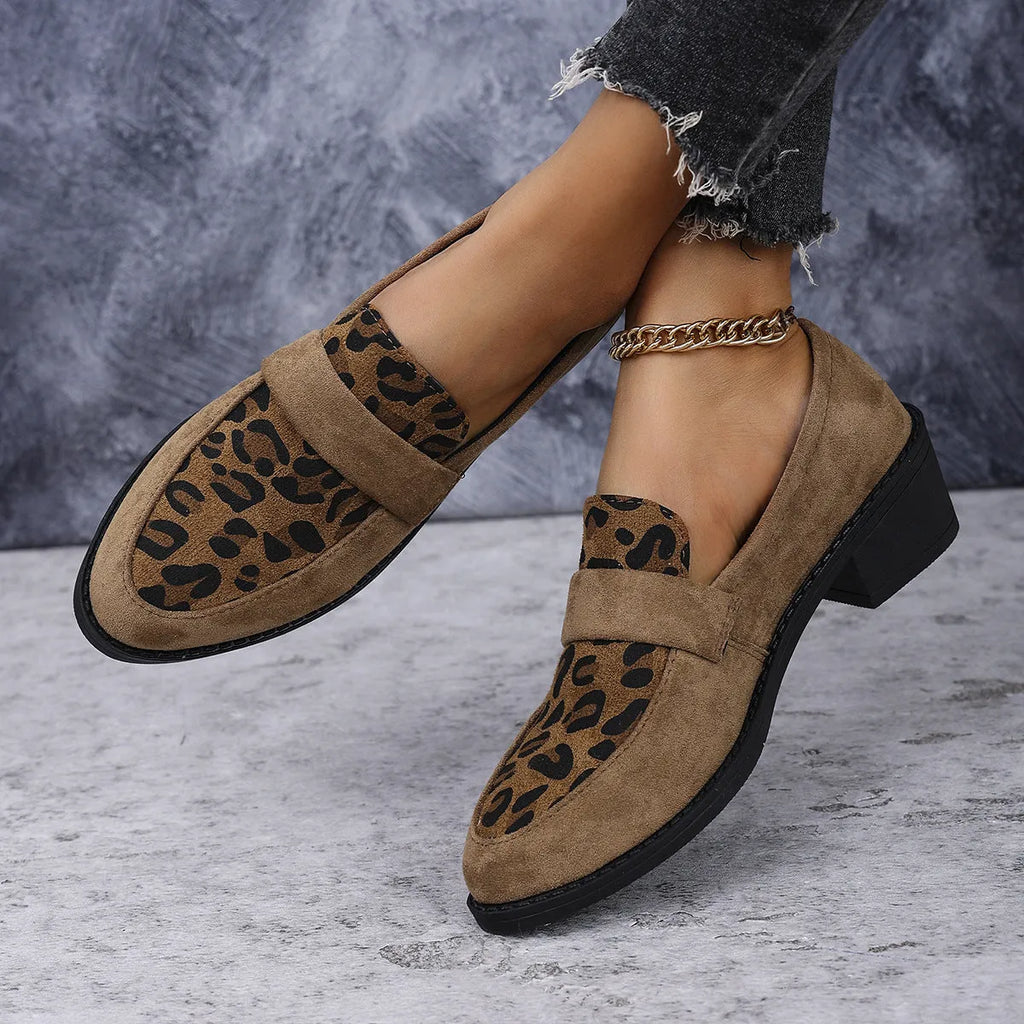 Leopard print suede slip-on casual shoes with chunky mid-heel and pointed toe