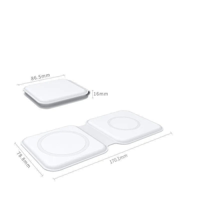 White folding dual magnetic wireless charging dock shown in stand mode with a phone attached.