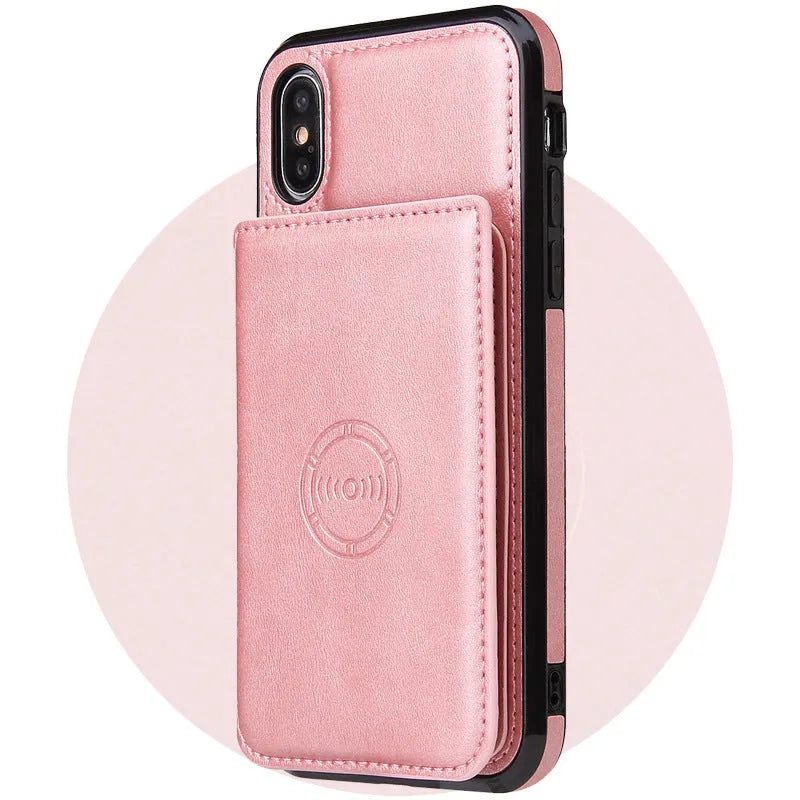 Imitation leather card wallet phone case for iPhone in various solid colours.