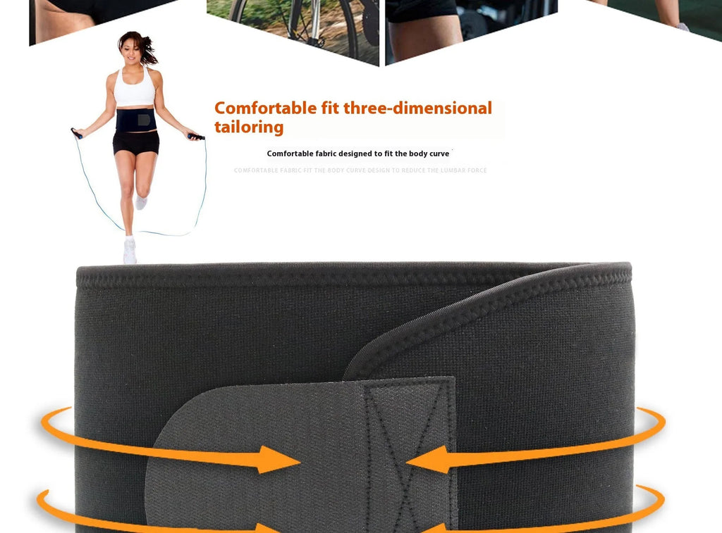 Black neoprene lumbar support waist belt for fitness and running.