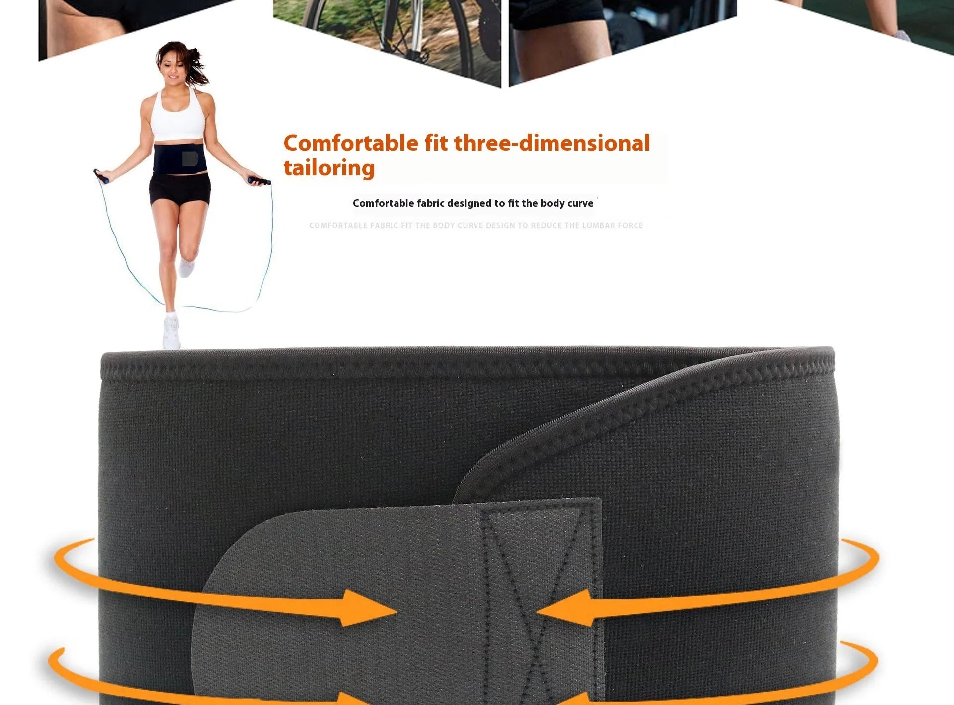 Black neoprene lumbar support waist belt for fitness and running.