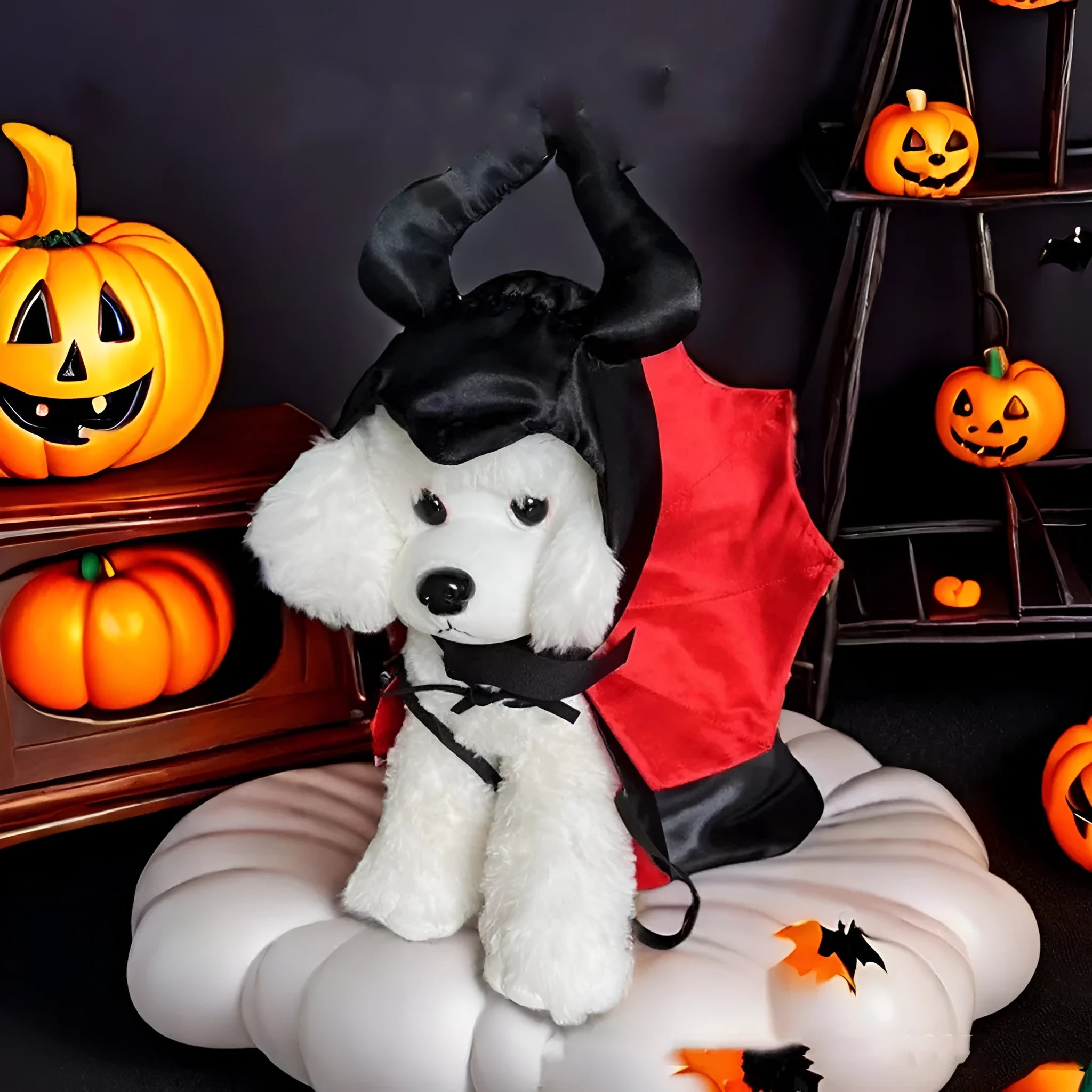 Halloween pet devil costume with bat cloak and pointed hat in red or purple colour options