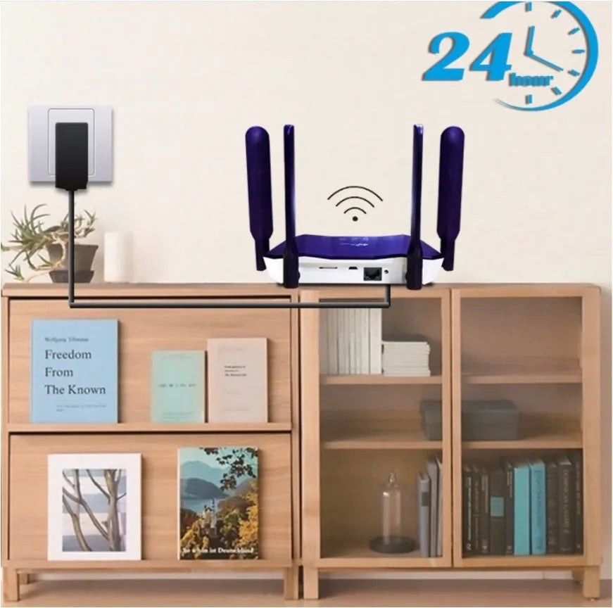 Blue 4G dual mode router with four external antennas showing dimensions 153x137x21mm