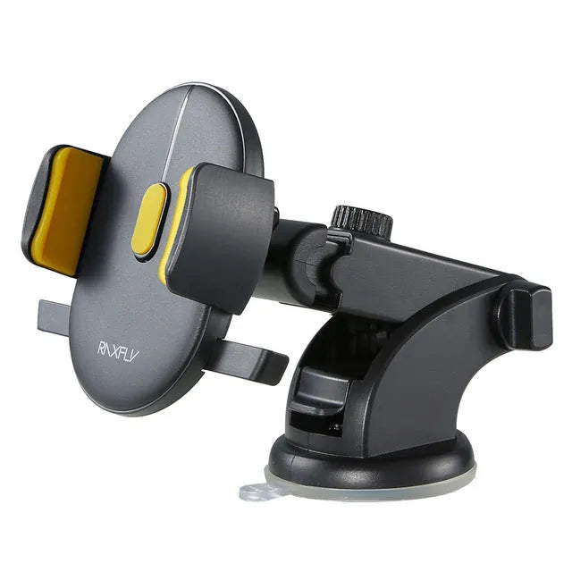Black telescopic car phone holder with suction cup mount extended on a car dashboard.