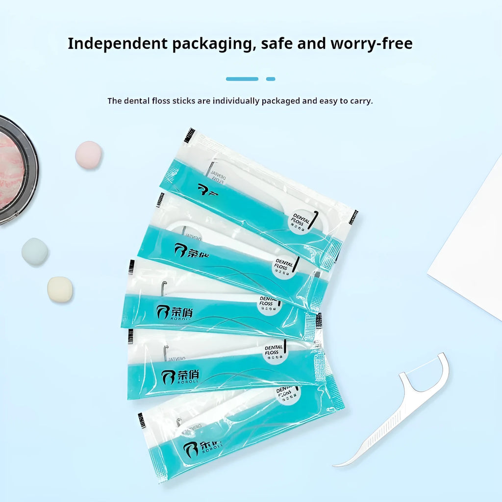 Disposable dental floss in portable bag with individually packaged strands for hygienic daily use