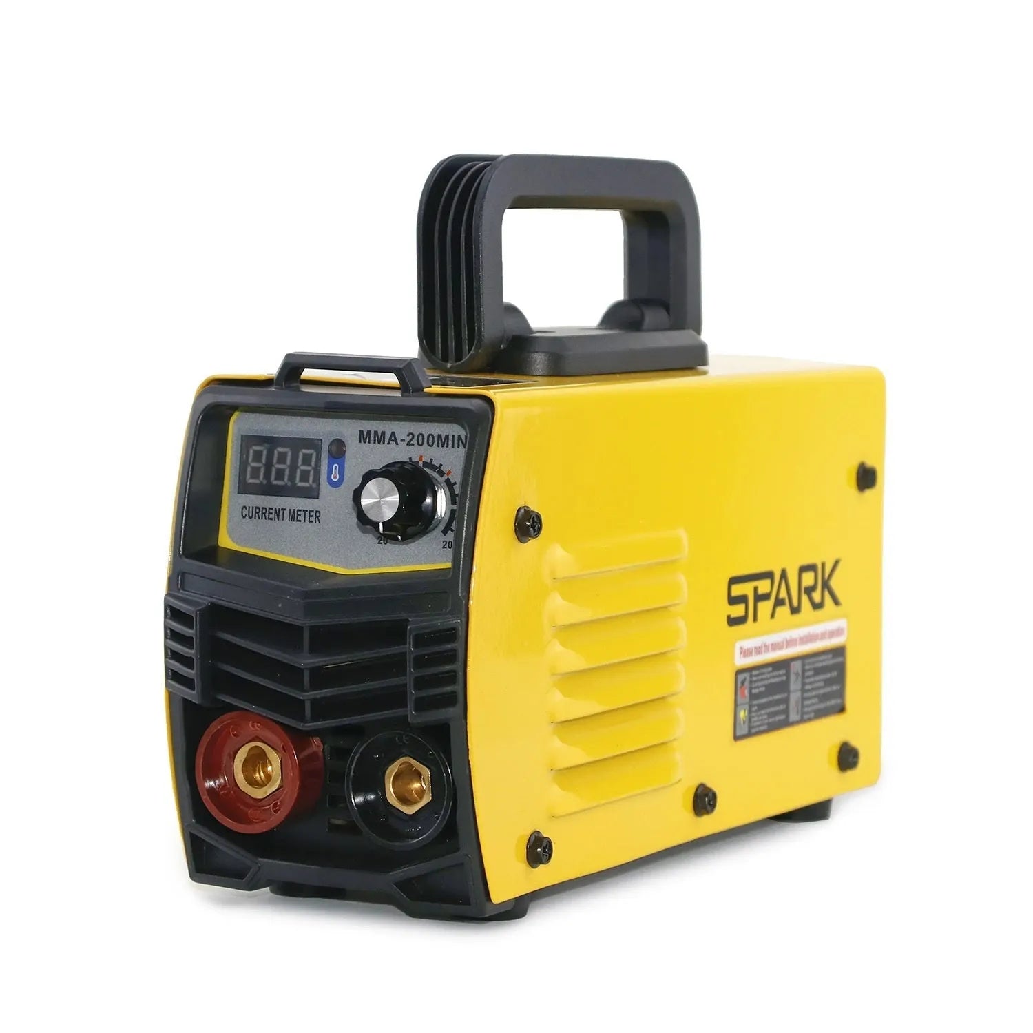 MMA-200MIN small black DC welding machine with red welding tongs, clamp, face shield, and brush on a workbench.