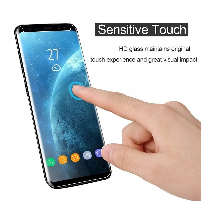3DAllglue tempered glass screen protector for Samsung Galaxy phones with anti-fingerprint coating.