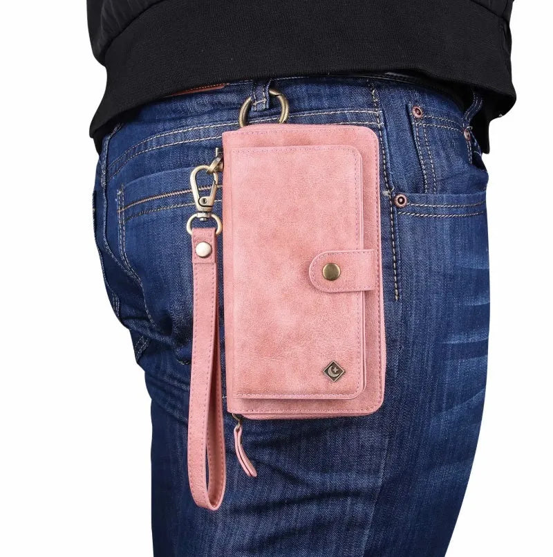 Black PU leather mobile phone case with a zip-around wallet compartment open, showing card slots.
