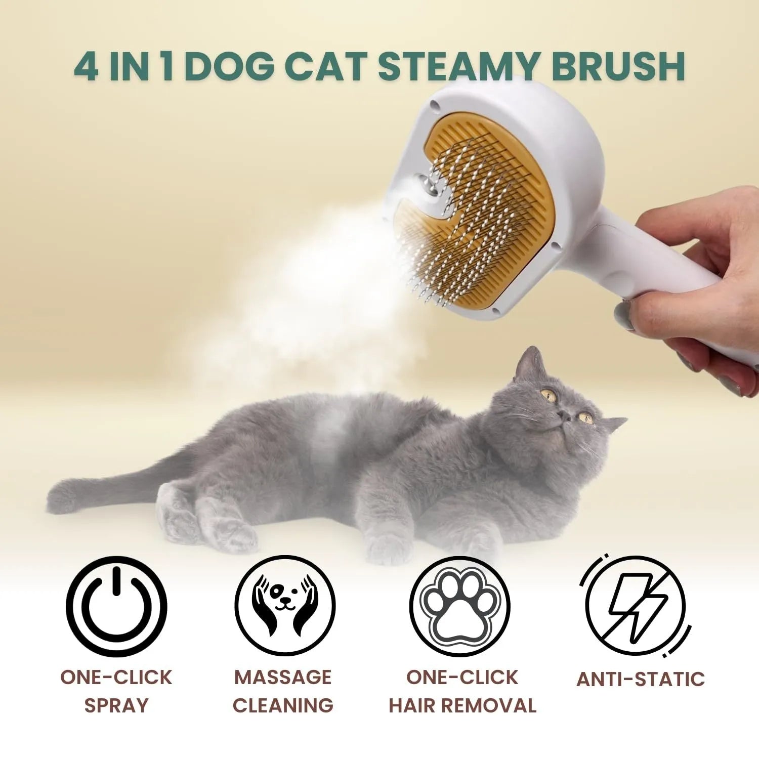 White pet grooming brush with water tank and gentle steel teeth for dogs and cats.