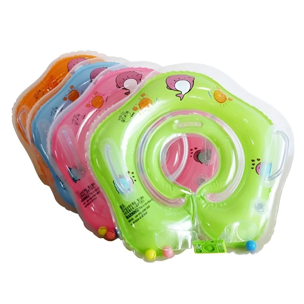 Baby neck swimming ring in green PVC with 40cm outer diameter and adjustable inner collar, floating on water
