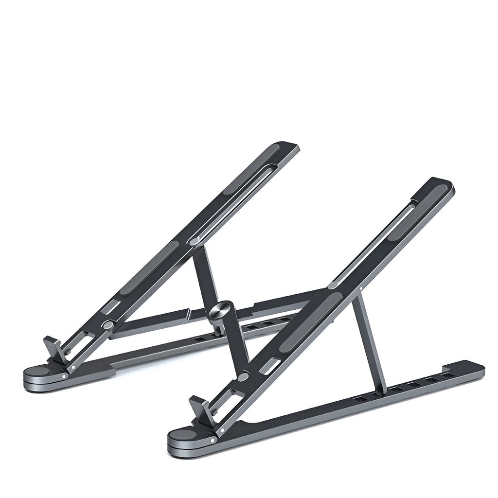 Silver aluminium laptop stand holding a MacBook, shown in both open and folded flat positions.