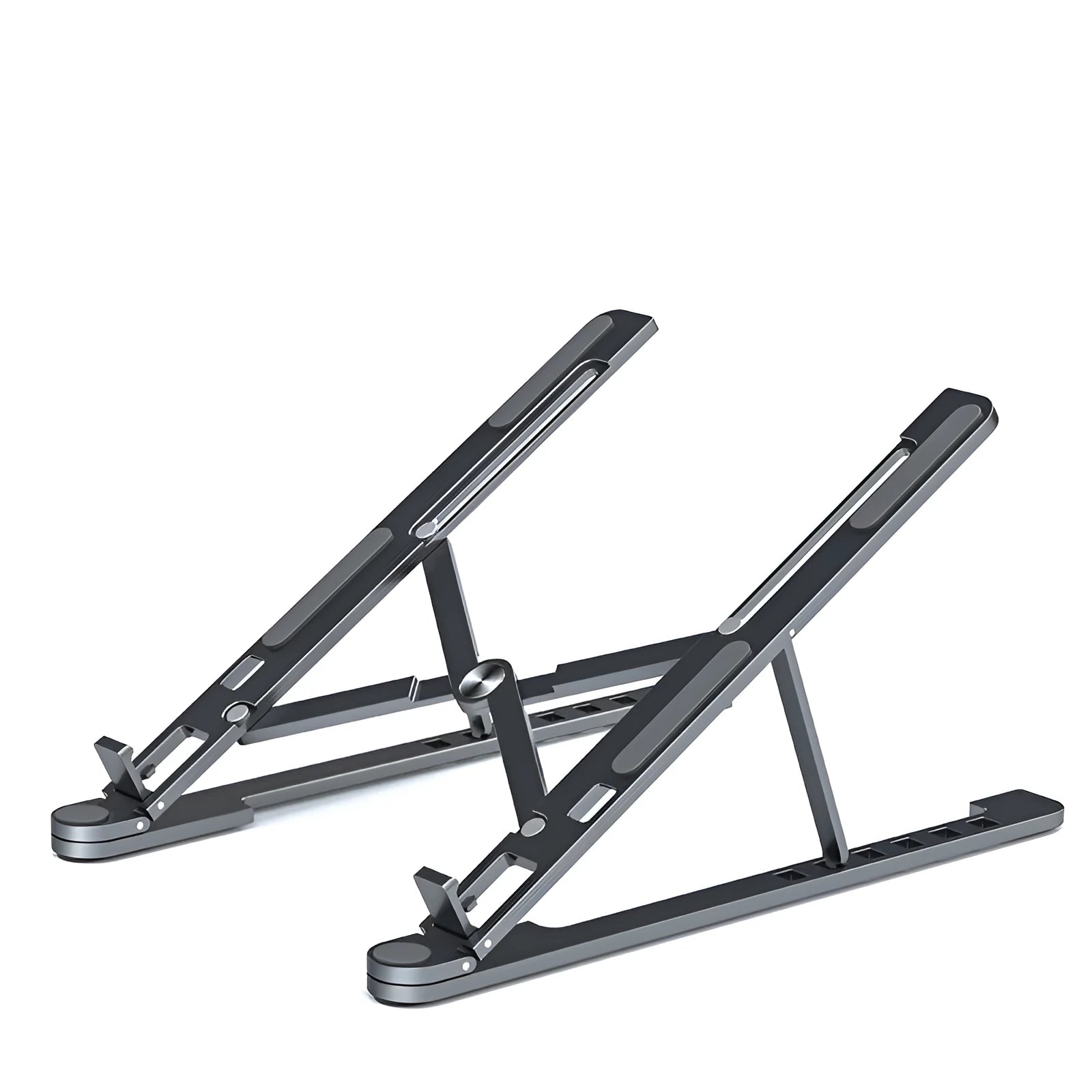 Silver aluminium laptop stand holding a MacBook, shown in both open and folded flat positions.