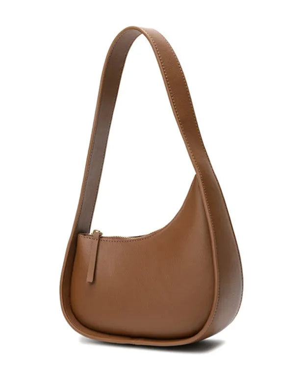 Genuine leather women's half moon shoulder bag with wide strap and soft handle