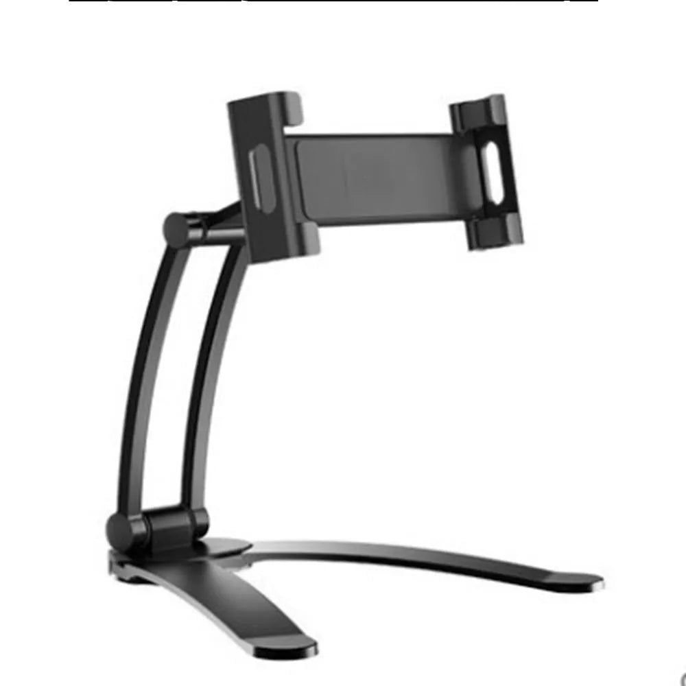 Silver aluminium alloy desktop tablet stand holding a tablet, showing 360-degree adjustable arm and mounting base.