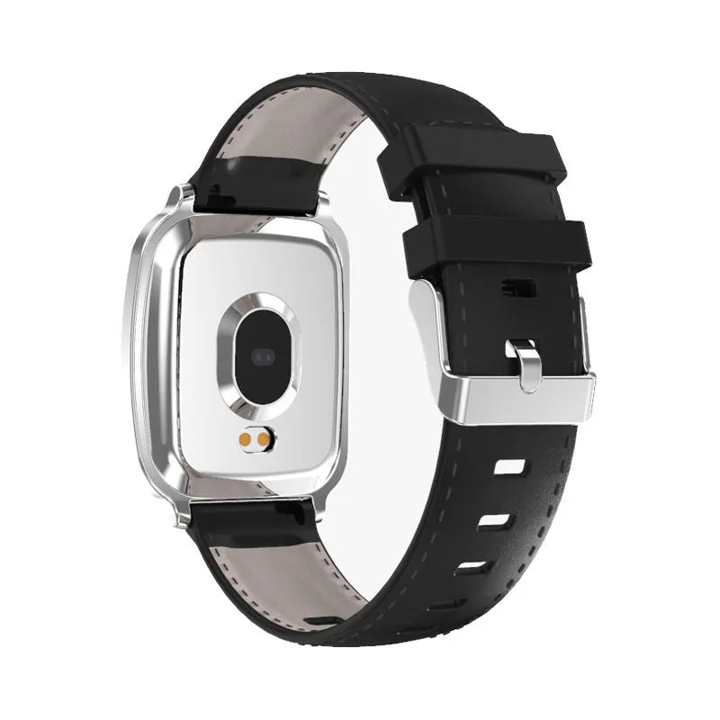 M8 round smart bracelet with heart rate monitor on a wrist, showing black, brown, gold, and silver colour options.