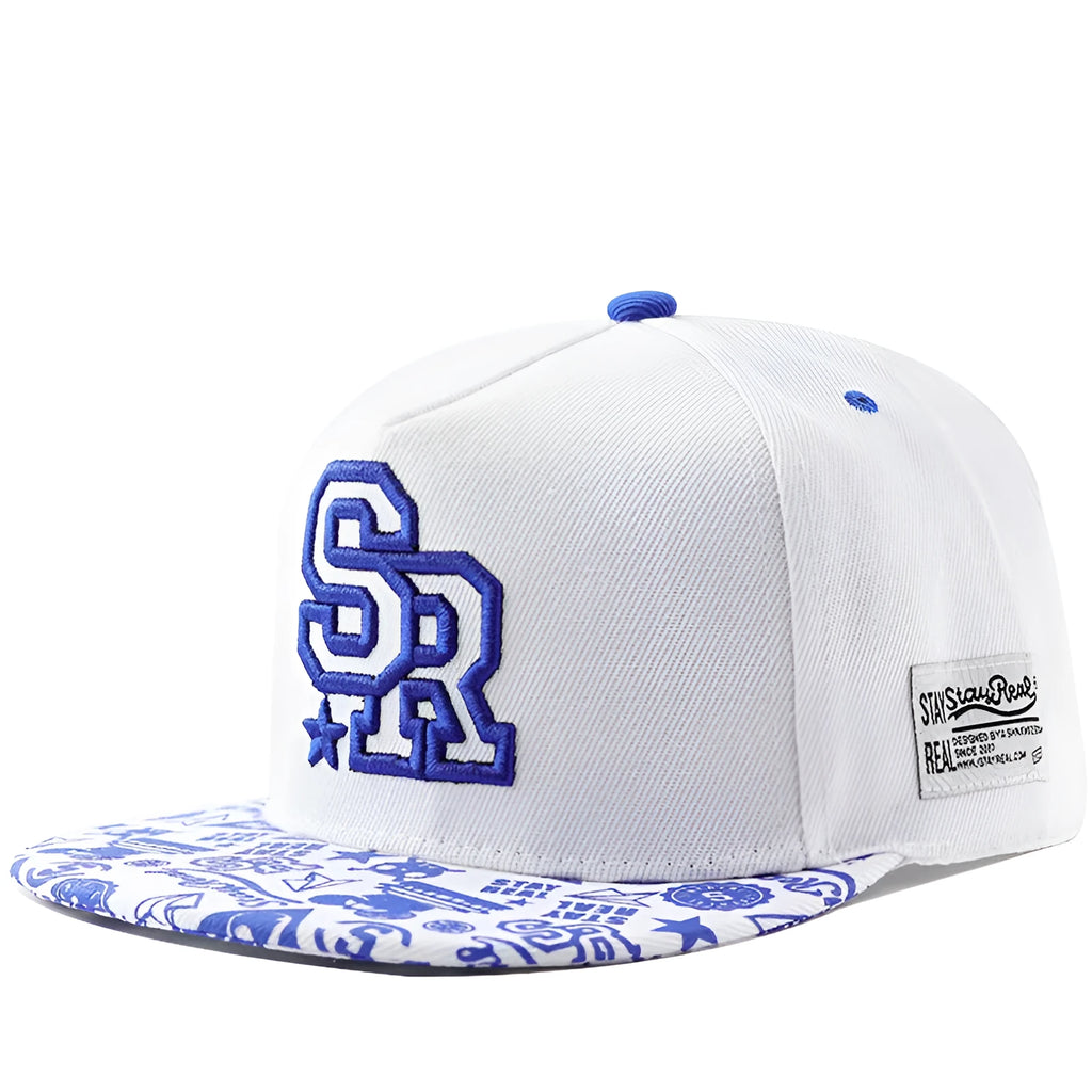 Cotton baseball cap with embroidered lettering on the front, shown in black and white colours