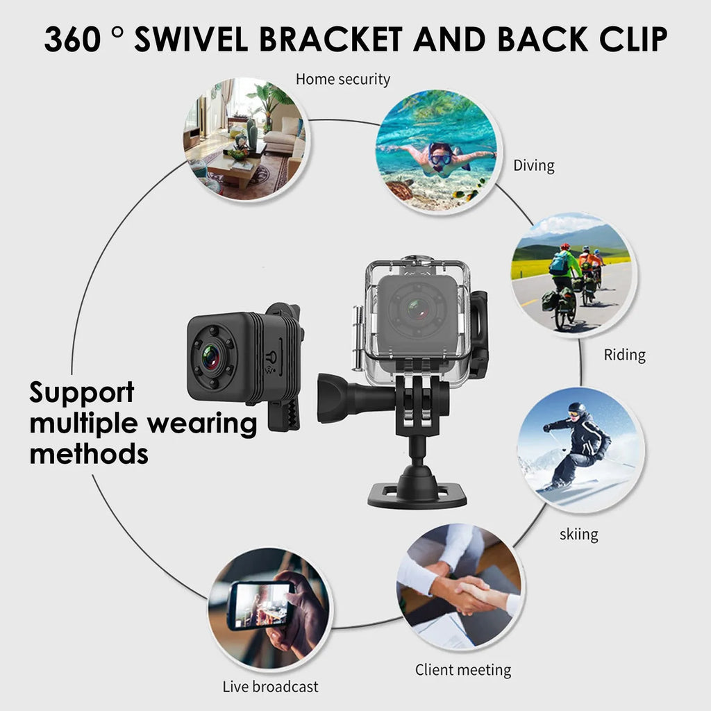 Black SQ29 waterproof sports camera showing Micro USB port and TF card slot for extended recording.