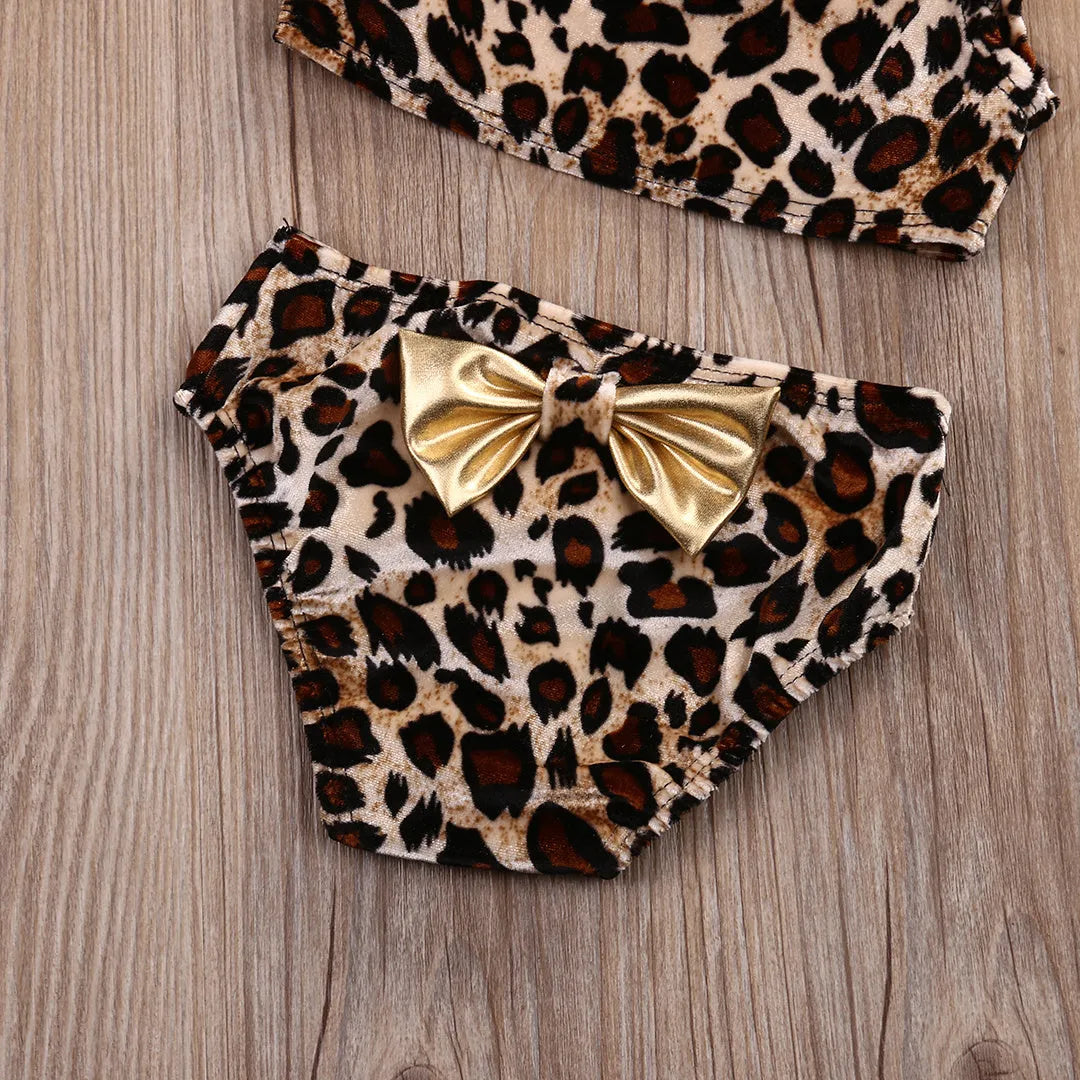 Kids baby girls leopard print one shoulder cotton blend swimsuit for summer beach pool
