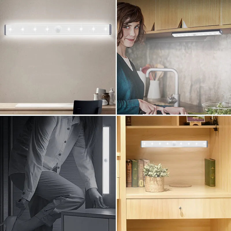 Silver aluminium LED closet light with motion sensor and magnetic back, shown illuminating a wardrobe.