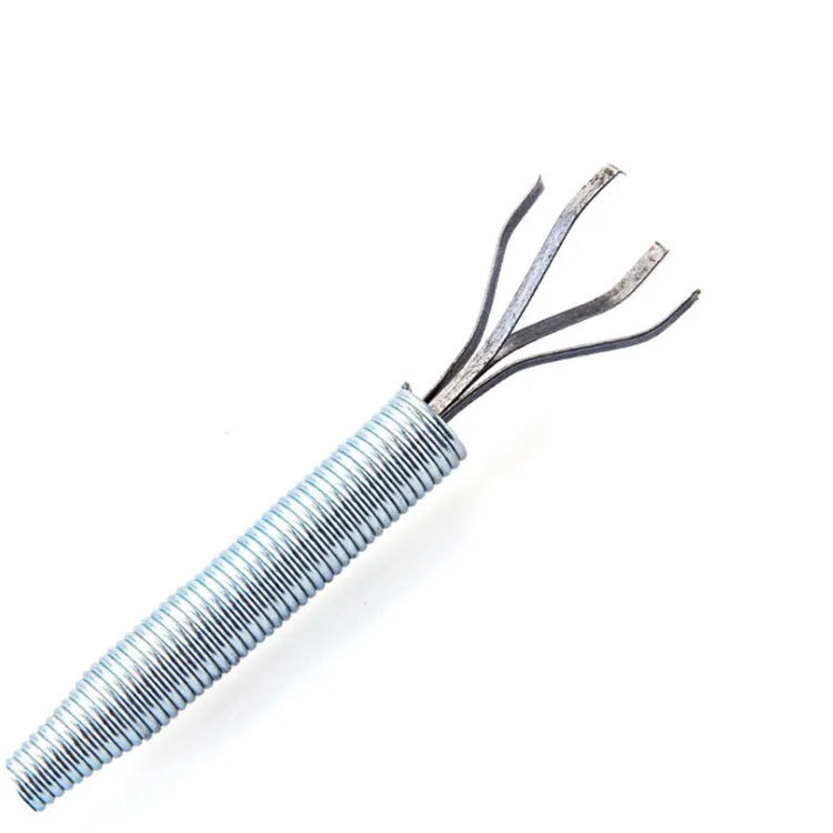 Flexible plastic and stainless steel drain cleaning spring tool with rubber grip for household pipe maintenance