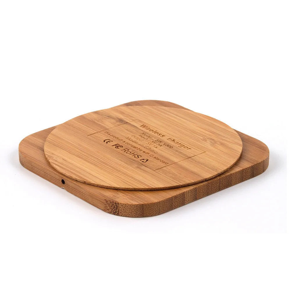 Square bamboo wood 5W wireless charging pad with brown finish and Qi certification
