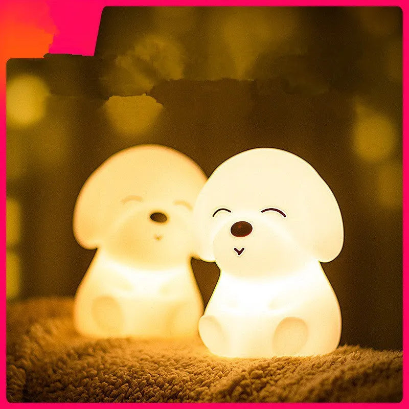 White LED puppy night light with silicone shade on a table in a corridor for soft glow