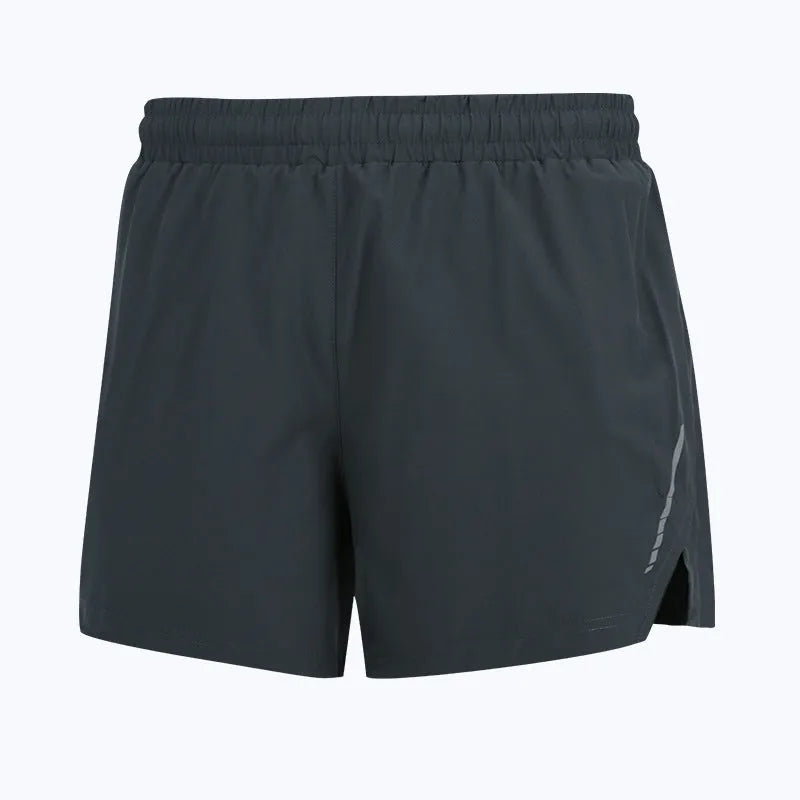 Men's grey quick-dry polyester running shorts on a size chart.