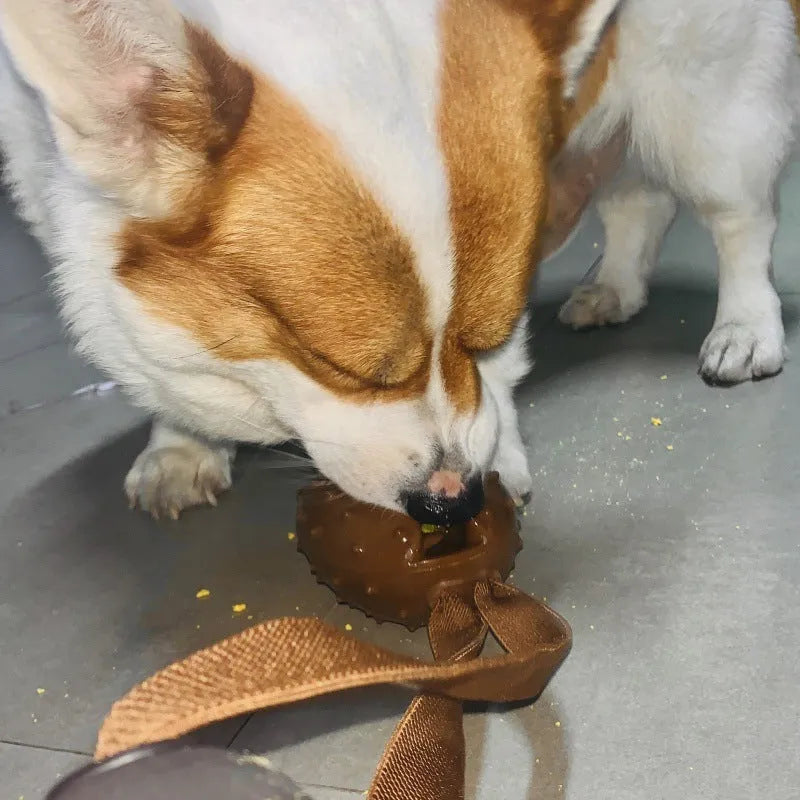 Coffee-coloured TPR dog toy shaped like a coffee bean with rope knots