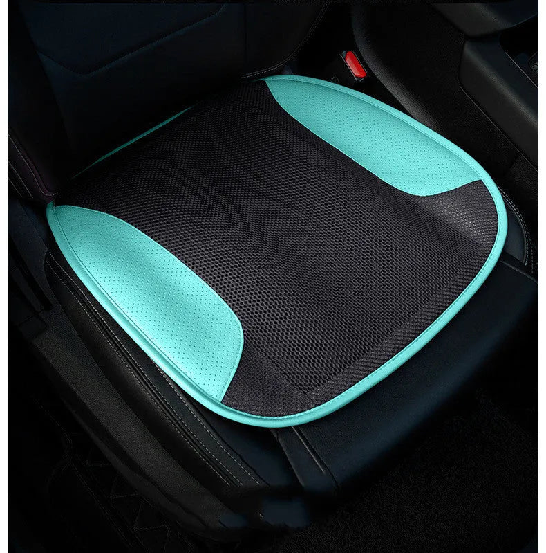 USB-powered car seat ventilation cushion with fan units visible, shown in black suede and beige ice silk styles.