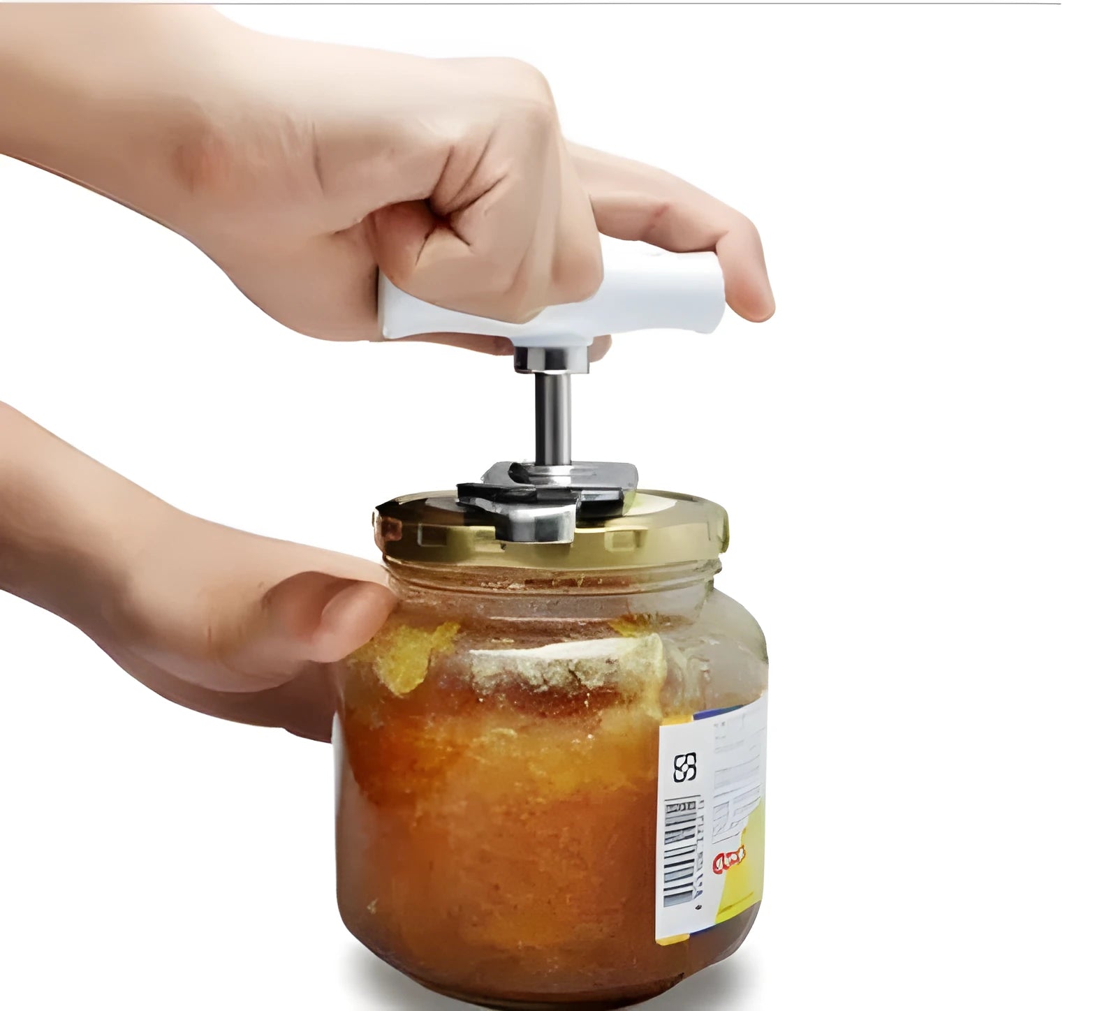 White stainless steel adjustable bottle opener with gear mechanism and polypropylene handle