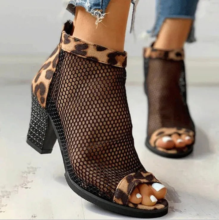 Women's mesh zipper cool boots with thick heel, black solid colour, open fish mouth toe
