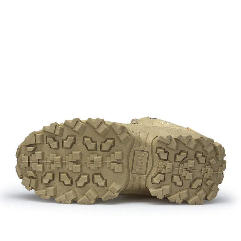 Men's black US Army Delta tactical-style boots with rubber sole on rocky outdoor ground.