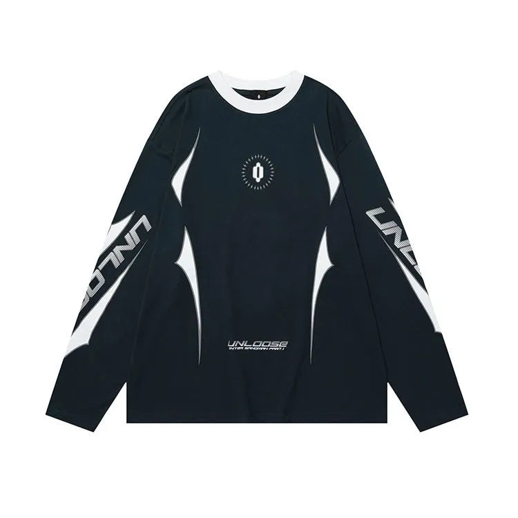 Cotton pullover jumper with drop shoulder sleeves and letter pattern in dark gray blue