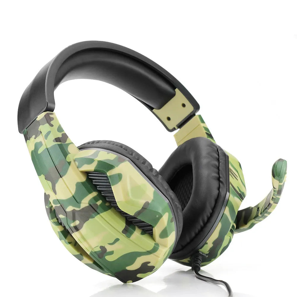 Army green camouflage wired gaming headset with over-ear design and built-in microphone