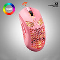 Free Wolf X2 wireless RGB gaming mouse in five colour options on a desk.