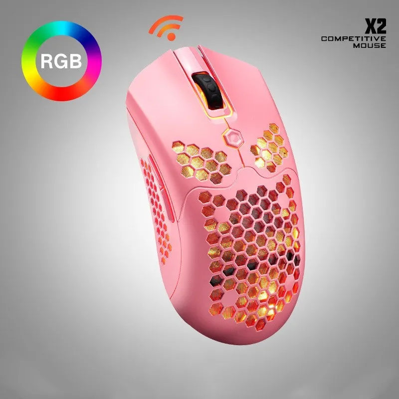 Free Wolf X2 wireless RGB gaming mouse in five colour options on a desk.