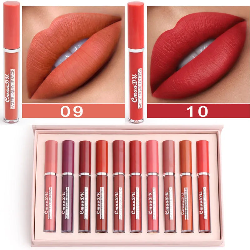 Box containing 10 women's non-stick cup waterproof matte lipsticks in assorted photo colours.