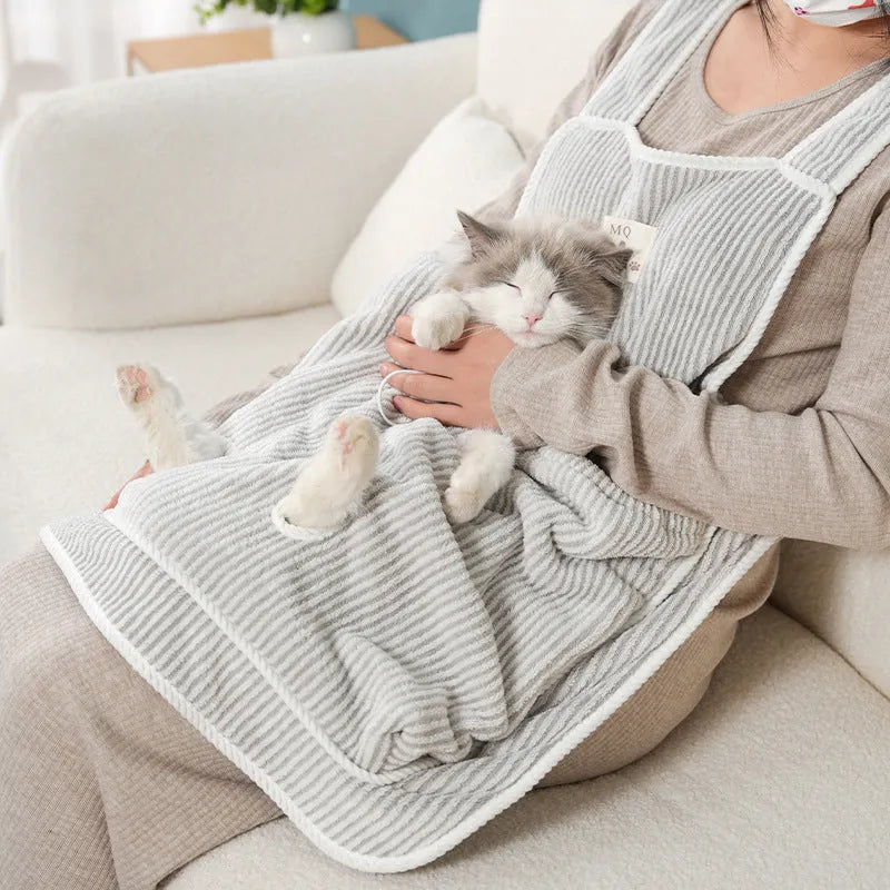 Cat petting apron in multiple colour options including pink, light blue, and striped patterns for grooming protection